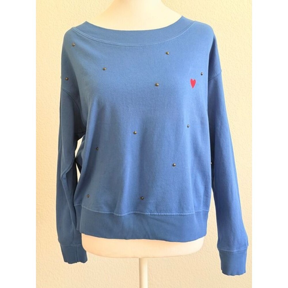 NWT SUNDRY Blue Championne Studded Heart Embroidered Fleece Sweatshirt 1